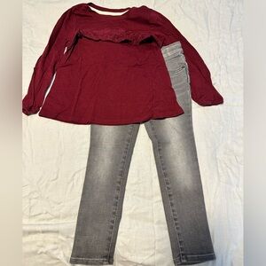 Burgundy Ruffle Top and Gray Skinny Jeans Bundle
